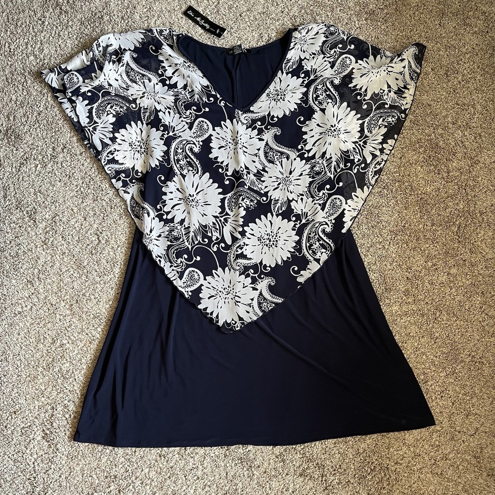 Elie McCarthy Dress 3X Sleeveless‎ Blue Floral Sheer Overlay NWT